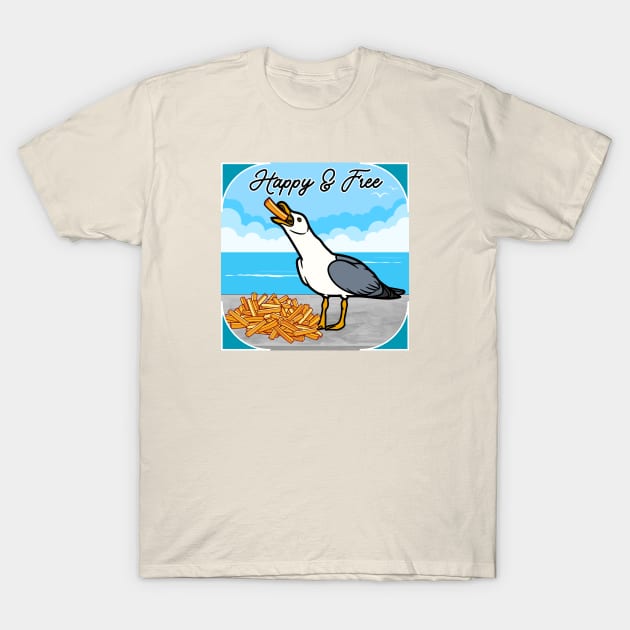 Happy Seagull with French Fry T-Shirt by Four Season Foraging